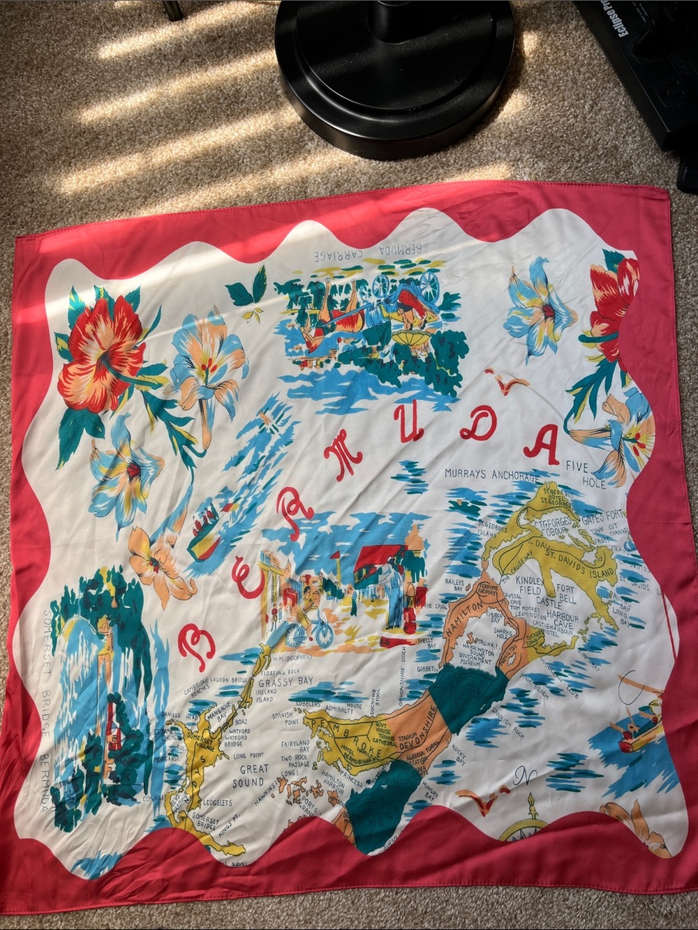 Bermuda Map Silk Scarf with Pink Border